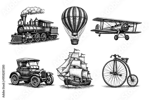 Vintage transport collection in black and white engraved illustration style with hot air balloon steam train biplane carriage car and sailing ship