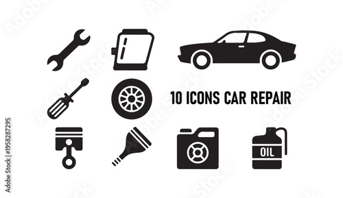 Set of car repair icons, including wrench, screwdriver, piston, funnel, oil, and car
