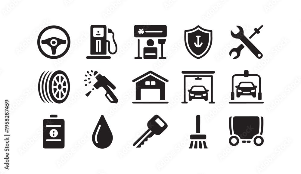Fototapeta premium Car wash service icons, auto shop symbols, and vehicle maintenance elements collection
