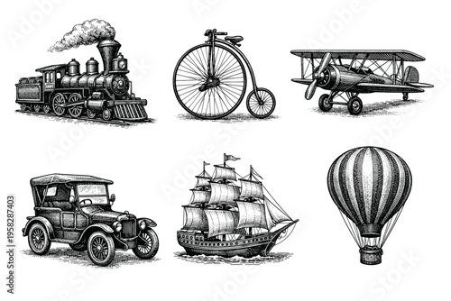 Vintage transport collection in black and white engraved illustration style with hot air balloon steam train biplane carriage car and sailing ship