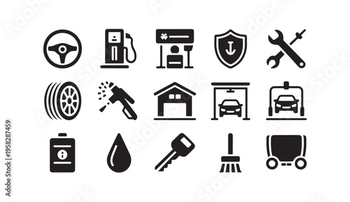 Car wash service icons, auto shop symbols, and vehicle maintenance elements collection
