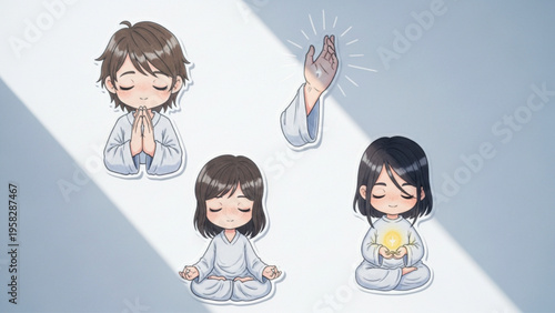 Cute Anime Chibi Meditation and Prayer Sticker Set Illustration