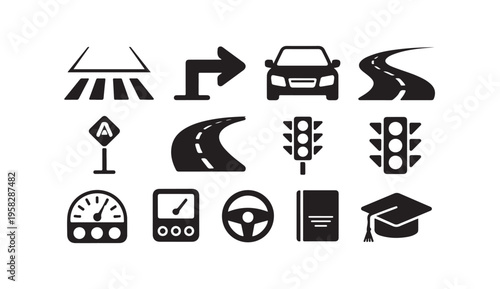 Driving school and traffic signs icons for learning to drive and road safety education