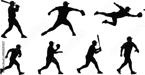 Baseball player silhouettes, batter, pitcher, fielder, runner, throwing, action poses, dynamic movement, sports icon, athletic game, vector illustration, competition