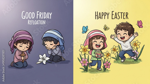 Good Friday Reflection and Happy Easter Sunday Cartoon Illustration