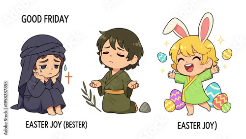 Cute Chibi Easter Illustration Set Good Friday Mourning to Easter Joy