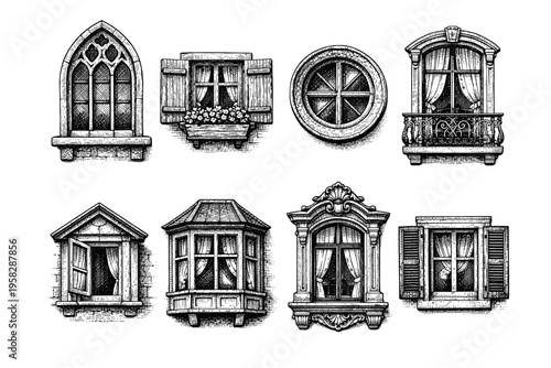 Vintage window collection in black and white engraved illustration style with gothic shutters balcony frame and round window designs
