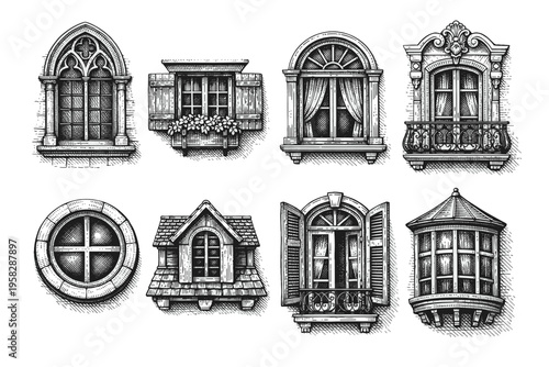 Vintage window collection in black and white engraved illustration style with gothic shutters balcony frame and round window designs