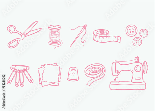 Hand Drawn Sewing and Tailoring Doodle Vector Illustration Set Featuring Sewing Machine Scissors Thread Needle Measuring Tape and Buttons for Fashion Design Hobby Craft and Atelier Branding