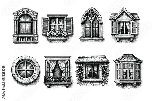 Vintage window collection in black and white engraved illustration style with gothic shutters balcony frame and round window designs