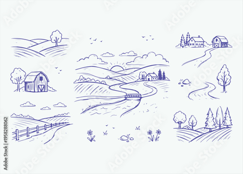 Hand Drawn Rural Farm Landscape Doodle Vector Illustration Set Featuring Rolling Hills Barn Farmhouse River and Countryside Scenery for Agriculture Branding Village Life and Nature Themed Designs