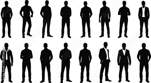 Male silhouette vector illustration set, standing men in casual and formal poses, fashion design artwork, character modeling concept