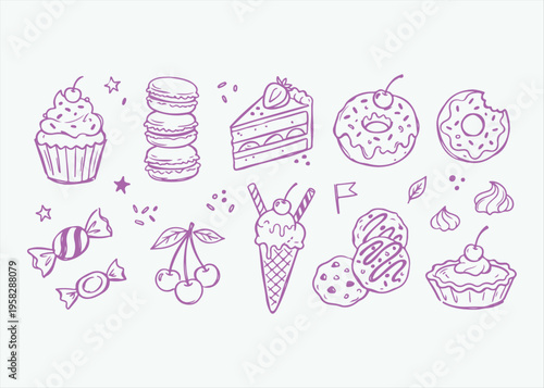 Hand Drawn Sweet Dessert Doodles Vector Illustration Set Cupcakes Donuts Macarons and Pastry Icons for Bakery Menus Food Packaging and Creative Digital Graphic Design Projects