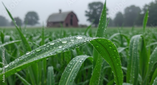 Dew-Kissed Blades: Rural Dawn, Red Barn in Mist