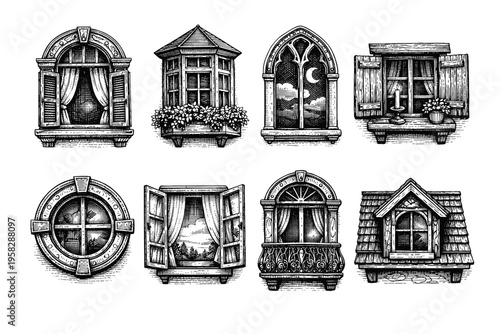 Vintage window collection in black and white engraved illustration style with gothic shutters balcony frame and round window designs