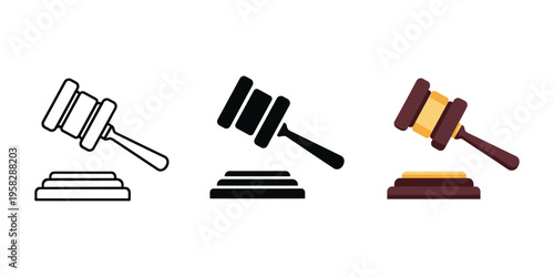 Three gavel icons in different styles vector illustration