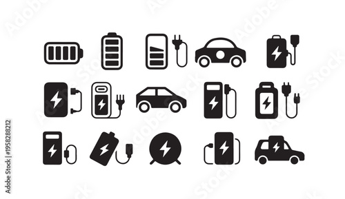 Electric vehicle and battery charging icons for sustainable energy transport and power technology