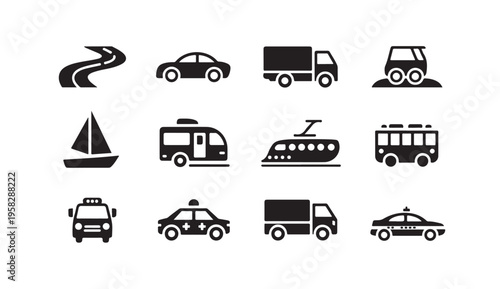 Diverse transport vehicle icons showing road sea air travel and public transit options