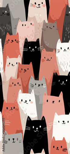 Cute cat pattern creating seamless animal background texture. Many cute cats with different expressions forming a seamless animal pattern