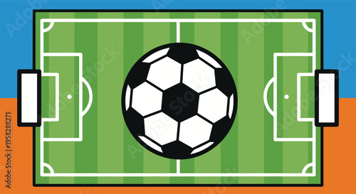 Soccer Field Top View Illustration with Ball and Goal Posts on Green Pitch Background