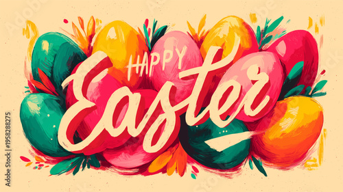 Happy Easter greeting with bunny and vibrant spring flowers. Happy Easter greeting design featuring a cute bunny, blooming tulips, and spring daffodils