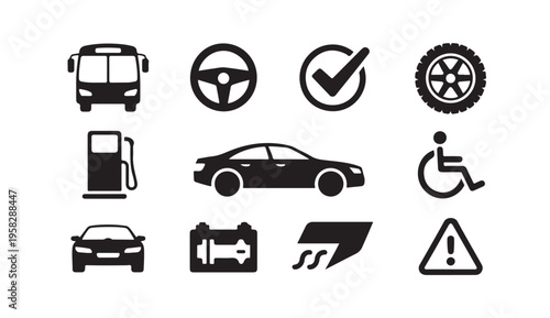 Set of black vector icons related to transportation and car service on white background