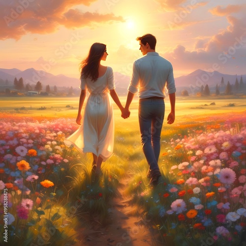 ouple holding hands in a field of flowers, warm light, soft focus background, love and harmony theme, natural colors.