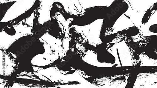 Abstract brushstrokes, thick, high-contrast ink splatters on a vector background.