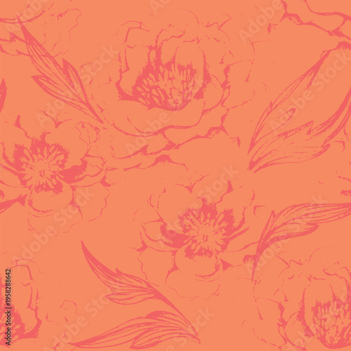 Seamless vector pattern with hand drawn peony flowers and leaves in minimal sketch style. Elegant botanical background for textile, wrapping paper, stationery and wallpaper