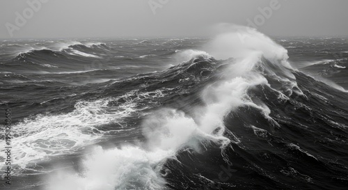 Dramatic Black and White Ocean Storm: Crashing Waves, Powerful Sea, Moody Scene.