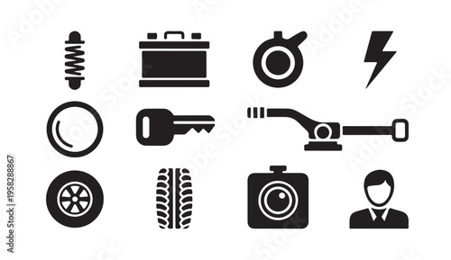 Car parts and vehicle icons for automotive services and transport themes