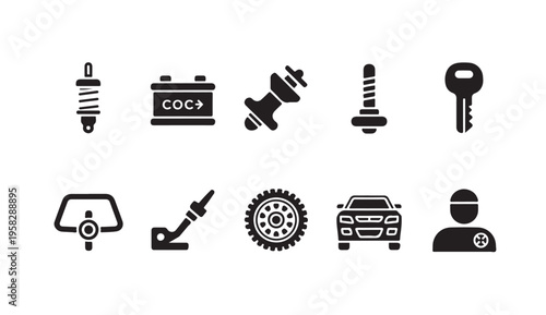 Automotive spare parts and mechanic tools solid black icons set, car repair service