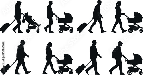 Silhouette of a person walking with baby stroller in various positions isolated on transparent background