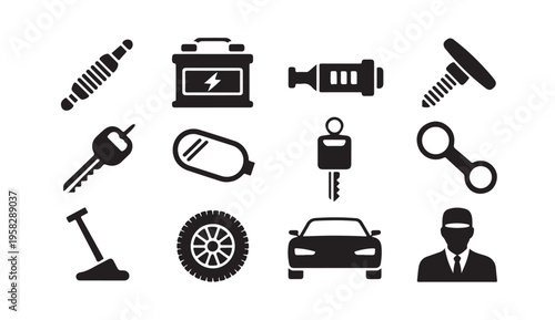 Automotive spare parts and mechanic tools solid black icons set, car repair service