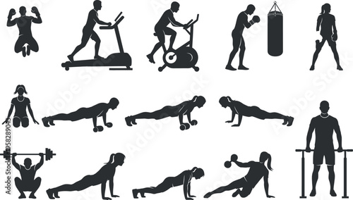 Black silhouettes of people exercising isolated on transparent background