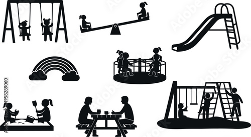 Black silhouettes of playground equipment and children isolated on transparent background