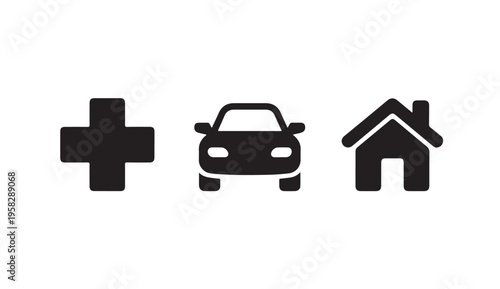 Medical assistance, car insurance and home protection services, essential needs icons