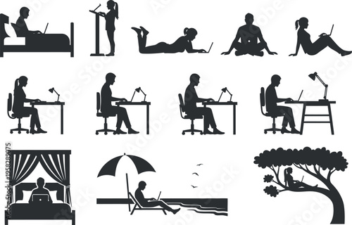 Collection of black silhouettes depicting various daily activities isolated on transparent background