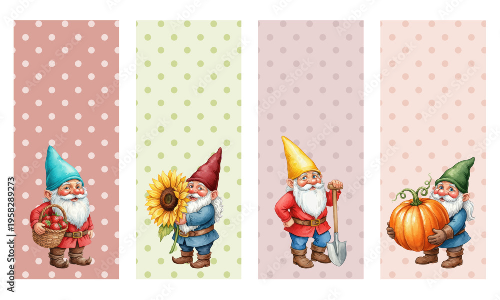 Fototapeta premium Set of garden gnome vertical banners with watercolor illustrations