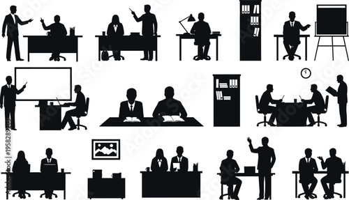 Office workers in various meeting and working situations isolated on transparent background