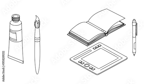 Isometric art supplies icons digital and traditional painting tools vector set