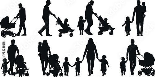 Silhouettes of parents and children in various playful and caring moments isolated on transparent background