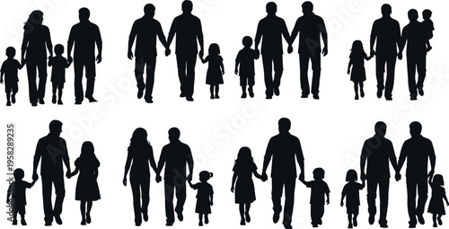 Collection of diverse family silhouettes isolated on transparent background