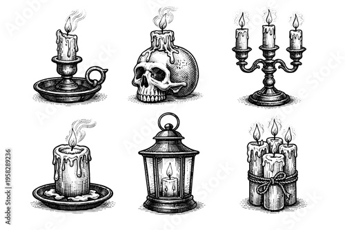 Vintage candle collection in black and white engraved illustration style with lantern candelabra skull candle and gothic wax decor