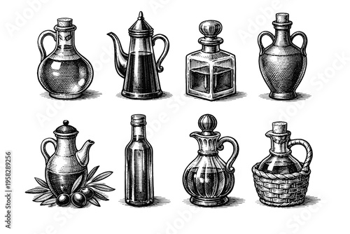 Vintage oil bottle collection in black and white engraved illustration style with olive oil cruets and decorative glass containers