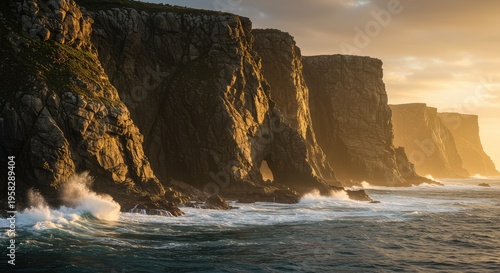 Dramatic Coastal Cliffs at Golden Hour, Powerful Waves Crashing
