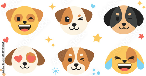 Cute dog emoji faces set with happy wink love and laughing expressions kawaii cartoon pet vector illustration collection