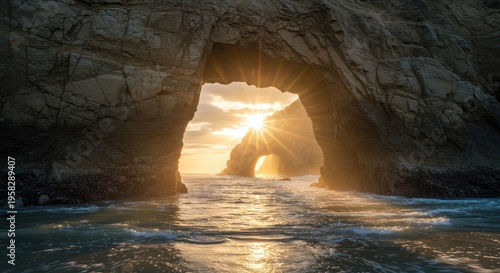 Dramatic Coastal Archway at Sunset: Sunburst Through Rock Formations and Ocean Waves