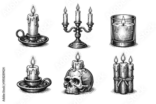 Vintage candle collection in black and white engraved illustration style with lantern candelabra skull candle and gothic wax decor