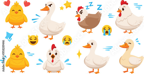 Cute farm birds set with chicken, duck and chick characters, funny cartoon animals showing emotions, сельский poultry vector illustration for kids design
